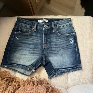 KanCan Dark Blue Jean Shorts with Frayed Hem
